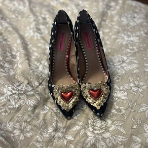 Betsey Johnson Black Polka Dot Heels with Red Heart Detail